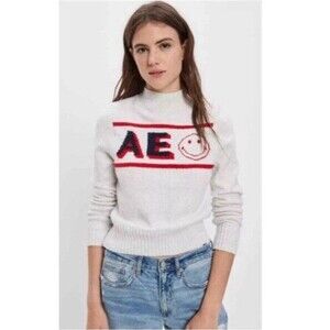 New! American Eagle Smiley  Mockneck Sweater gray Marled Blue Red Logo Women's M